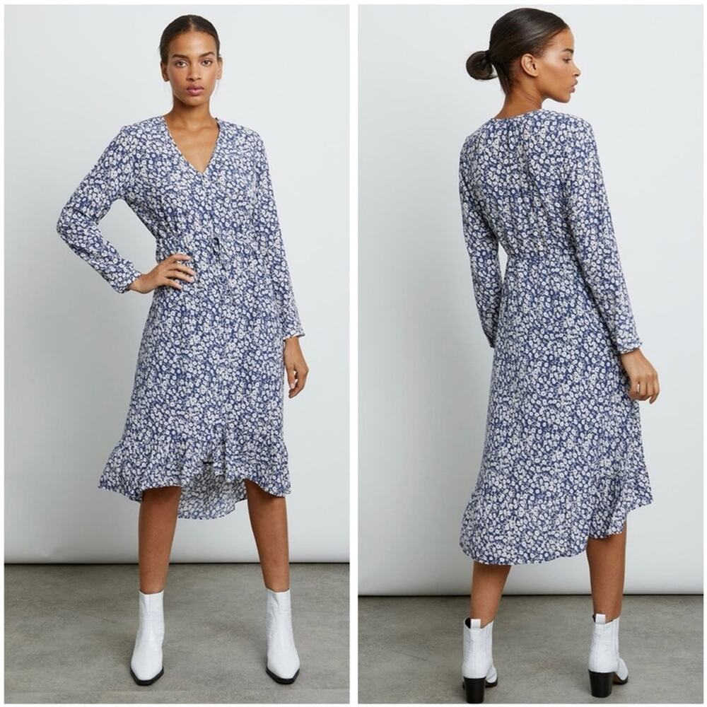 Rails Jade Navy Camellia Floral Feminine V-Neck Tie Waist Spring Midi Dress XL